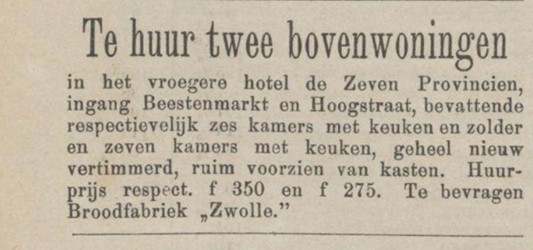 <p>In 1881 wordt het logement met stalling en het huis aan de Hoogstraat eigendom van E. Helder. Volgens bijgaand krantenbericht uit 1882 heeft hij, waarschijnlijk op de verdieping, de ruimte ingedeeld in twee afzonderlijke bovenwoningen (www.delpher.nl). </p>
